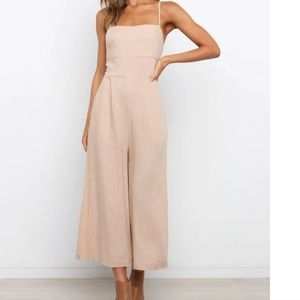 Petal & Pup Beige Budrick Cotton/Linen Tie Back Wide Leg Cropped Jumpsuit 8US